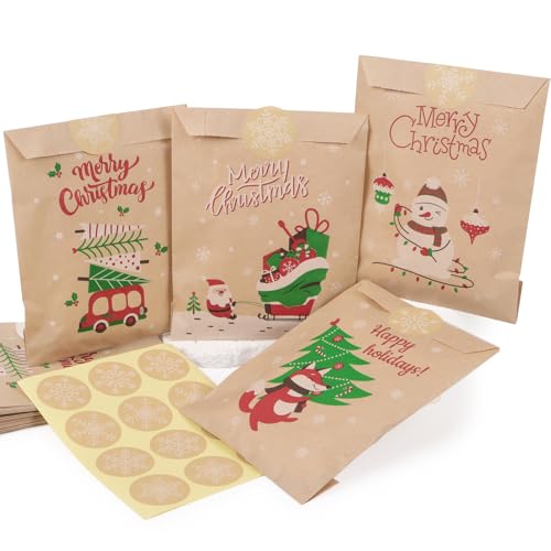 24 stuks kerstzakjes, adventskalender, Kerstmis om te vullen, cadeauzakjes, kraftpapier, stickers, etikken, Kerstmis, gastgeschenken voor snoep, geschenken (kleurrijk)