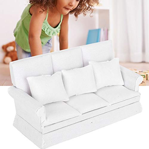 Dollhouse Sofaset, 1:12 Dollhouse Mini Bank met 3 st Kussen Houten Meubilair Bank Kit miniatuur Speelgoed Sofa Stoelen voor woonkamer decoratie (Wit) 3