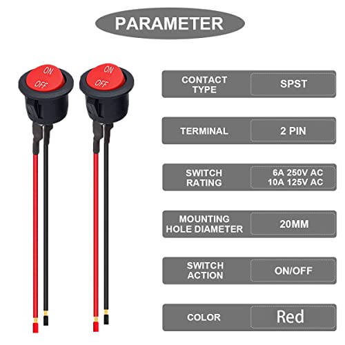 10 x Ronde schakelschakelaar, 12 V, Rocker Switch, Car Rocker Switch, SPST 2 Pool, aan/uit, 6A/250V, 10A/125V AC, voor auto's, boten, rood 4