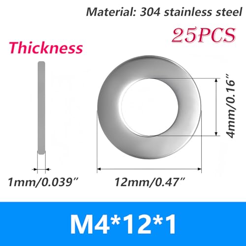 Verpakking van 25 Roestvrij stalen ringen M4 x 12 mm Wassers Flat Wassers voor Schroeven, Noten en Draadstangen
