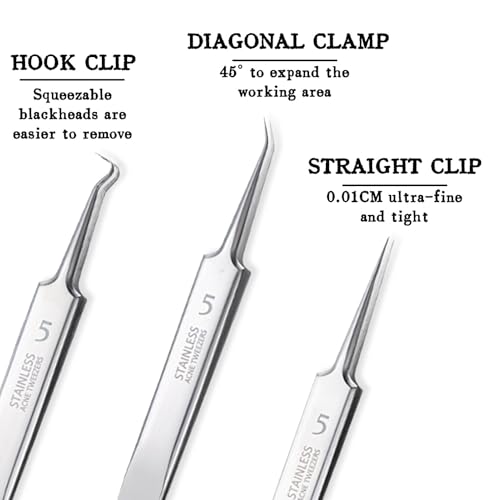Blackhead Tweezers, 3 stuks, Roestvrij staal Professional Face Remover, Splint Tweezers, Pointed with Box, Pimple Expression Tools, Zilver 4