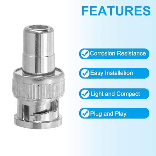 BNC aan RCA Adapter, Set van 10 BNC Male RF Coaxiale koppelingsadapters voor CCTV beveiligingscamera LED Strip, Zilver 5