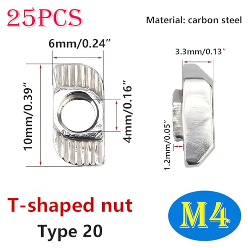 25 st T-Nuts M4 T Nuts, Carbon Steel T-Back Nut, T Nut, Slide Nut, Hammer Head Nuts voor aluminium profiel, M4 x 10 x 6mm
