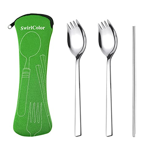 Draagbare Lepel RVS Set van 2 creatieve saladelepels met stro, 2-in-1 vork en lepel voor pasta cake