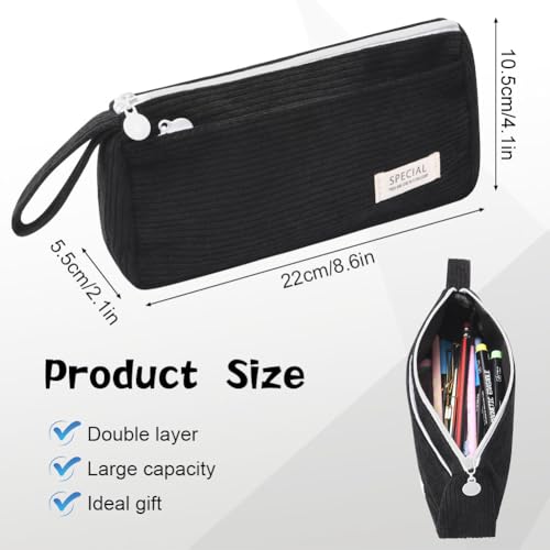 Corduroy Pencil Case, grote capaciteit Pencil Case, Stijlvol Eenvoudige Pencil Case met rits en handvat, Make-up Bag, Stationery Pouch voor tieners Jongens Meisjes School, Black, Corduroy