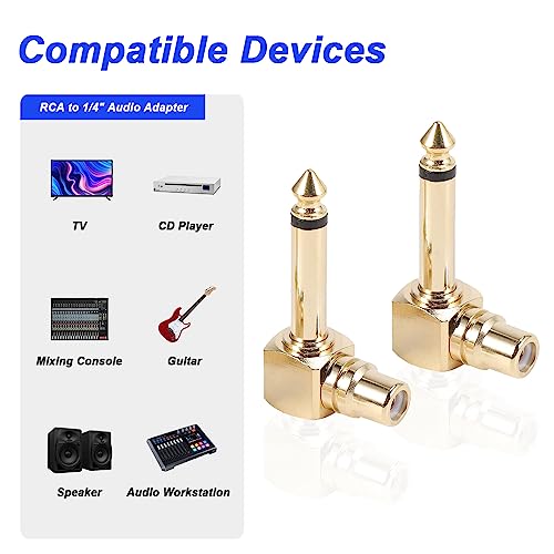 RCA tot 1/4" audioadapter, 90 graden 6,35mm Mono Man Microphone Plug aan RCA Vrouwelijke Connector, Gold Plated Pure Koperen Gitaar Jack Connector (2 PCS) 5