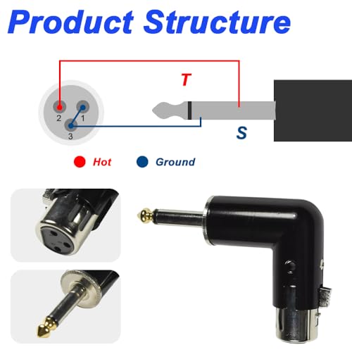XLR stopcontact tot 6,35 mm stekker en XLR stekker tot 6,35 mm stekker, 90 graden stekker, 4-weg verstelbare TRS microfoon converter (2 stuks) 3