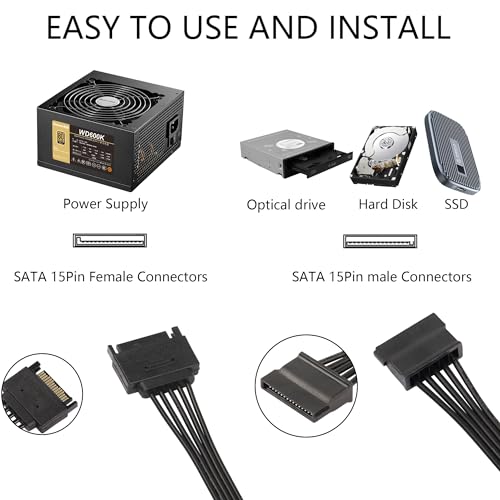 15 Pin SATA Power Splitter Adapter Cable, 15-Pin SATA 1 tot 3 SATA seriële kabel voor harde schijven, SSD's en optische schijven (1 man tot 6 vrouwen) 3