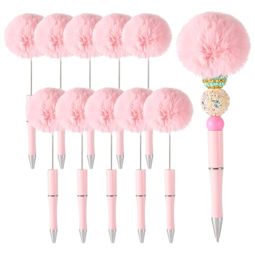 10 stuks pluche kralen Pennen Fluffy Ballpoint Pennen Pom Pom Ballpoint Pen voor DIY Gepersonaliseerde kralen Pen Rollerball Pen Office School Supplies, Pearl Pink