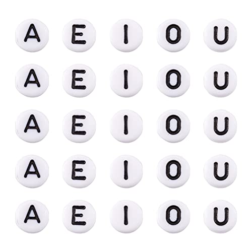 500 st Acryl Flat Ronde Alfabet kralen 7mm White Disc Node Clinker Letters Spacer Losse kralen met brief A E I O U voor sieraden Kralen het maken van kunst Ambacht