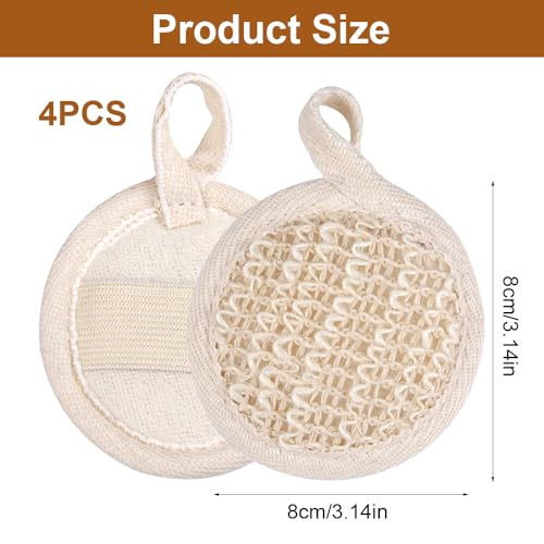 4 Stuks Natuurlijke Luffa-spons 8 x 8 Cm Loofah Lichaamsborstel, Herbruisbaar Peelingspons met Elastische Band, Ronde Loofah Spons Pad Natuurlijke Lufah Spons voor Mannen Vrouwen Douche Beige