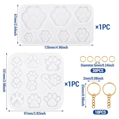 2 st Paw Afdrukken Siliconen mallen Kattenvoetafdruk Afgietselhars mal met sleutelhangers Jump Ring voor het gieten van UV Epoxy Hars sieraden maken sleutelhanger ambacht 3