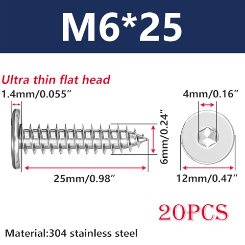Verpakking van 20 dunne zelftapping Hex Socket Schroeven 304 roestvrij staal M6 x 25 mm voor hout en meubels