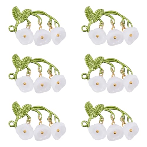 10 st. Lily van de vallei glazen connector charmes met groen legering blad wit bloem bengelen charms klokken bloem voor DIY ketting oorbellen sieraden maken, Glas, Glas