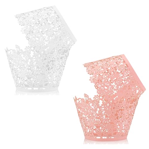 60 st cupcake wrappers, kant cupcake liners, artistiek bakken cake papier kopjes parel kant filigrae bruiloft cupcake wrapper laser gesneden cupcake gevallen voor verjaardag bruiloft