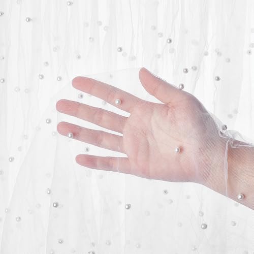 3 Yards Pearl Mesh Stof 1,92m Brede Kralen Tule Stof Doorschijnend Mesh Stof Bruids Veil bruiloft tafel decoraties voor douche jurk Veil huis, wit