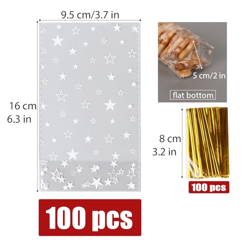 100 stuks 16 x 9 cm kerst cellofaan snoepzakken, kerstster holdere traktatie zoete goody zakken met gouden twist stropdas voor winterkerstfeest verjaardagen