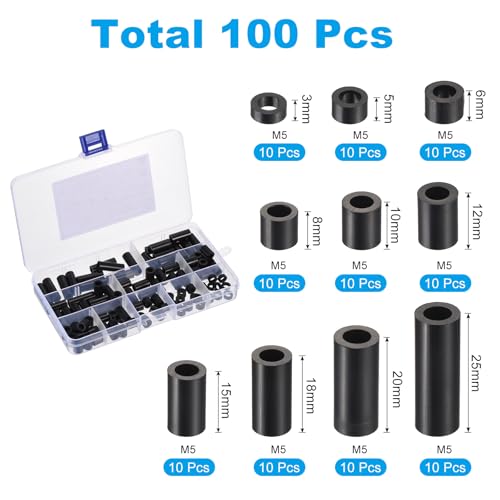 M5 Nylon Spacer Set, 100st ABS Ronde Spacers voor Circuit Boards, Circuits, Switches en Sockets, Zwart
