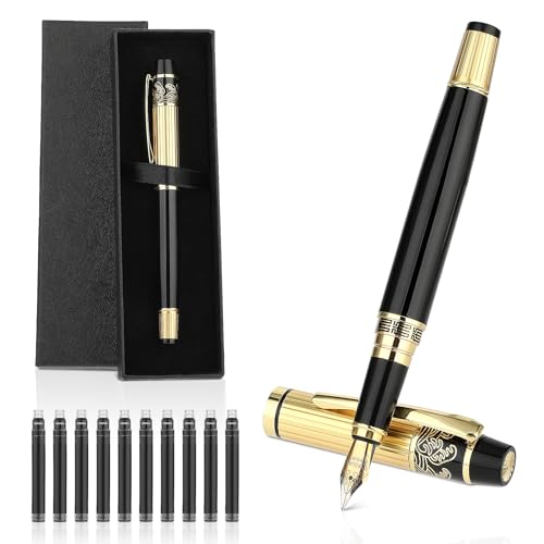 Luxe metalen fontein Pen, 0.5mm fijne tip, kalligrafie Pen gemaakt van Robuust roestvrij staal, met 10 stuks 2.6 mm zwarte inkt cartridges, geschenk doos voor mannen, kantoor, schoolbenodigdheden