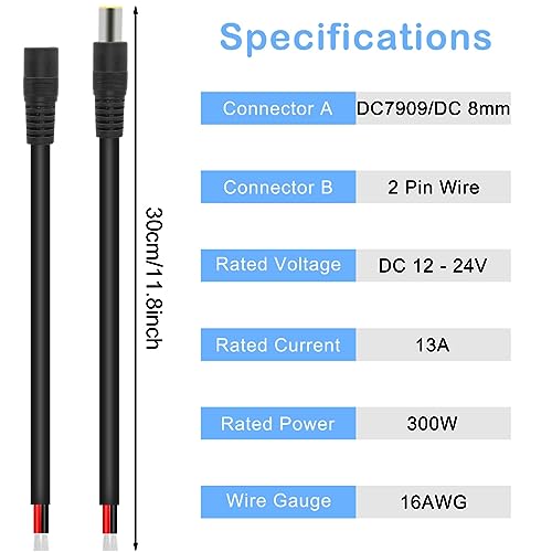 DC7909 Power Pigtails Cable, 12V DC 8mm Plug om Wire Open End Voeding Reparatie Vervanging Barrel Connector Cord, 16AWG DC 7.9x5.5mm voor Solar Cell Laptop Camera, 4st