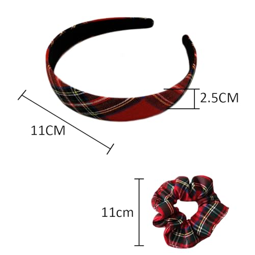 2 st Tartan Hoofdband Stof Hoofdband met Tartan Scrunchies Haar Vintage Alice Band Haar Plaid Elastische Gewatteerde Hoofdbanden Schotse Plaid Haar Band voor Vrouwen Meisjes (Red+