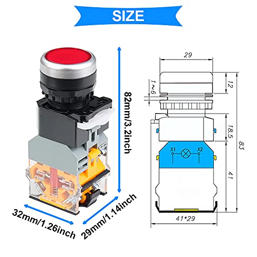 2Stuks 220V 22mm Momentaire drukknopschakelaar 10A 2 kleur (rood/groen) LA38-11DN 1NO 1NC LED-indicatorlichtschakelaar voor doe-het-zelf met 20st vorkterminal 4