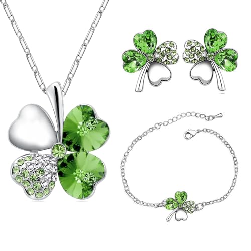 Clover Leaf ketting zilveren oorbellen vier klaver armbanden verstelbare hanger ketting Set Peach Heart Rhinestone Crystal Inlayd sieraden voor meisjes vrouwen, Eén maat, legering. kristal, Nee