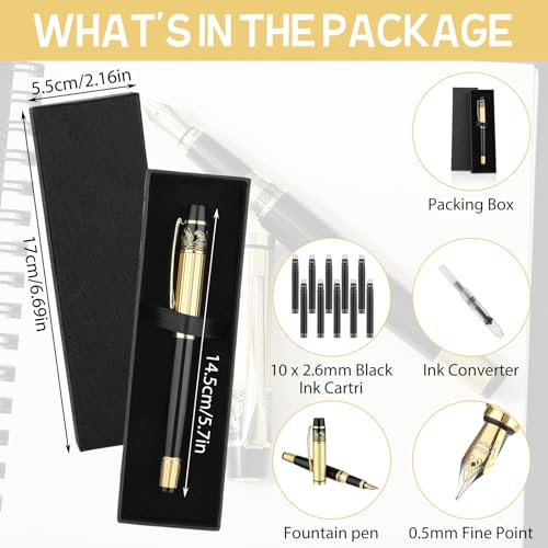 Luxe metalen fontein Pen, 0.5mm fijne tip, kalligrafie Pen gemaakt van Robuust roestvrij staal, met 10 stuks 2.6 mm zwarte inkt cartridges, geschenk doos voor mannen, kantoor, schoolbenodigdheden 5