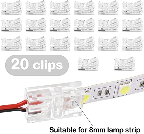 Pak van 20 LED Strip Connectors, 2 Pin, 8 mm, Solder-free Strip Connector, 2-Pin Connector, Connector, voor SMD 5050/3528 Plain LED Stripes, Stripes, 5V, 12V, 24V