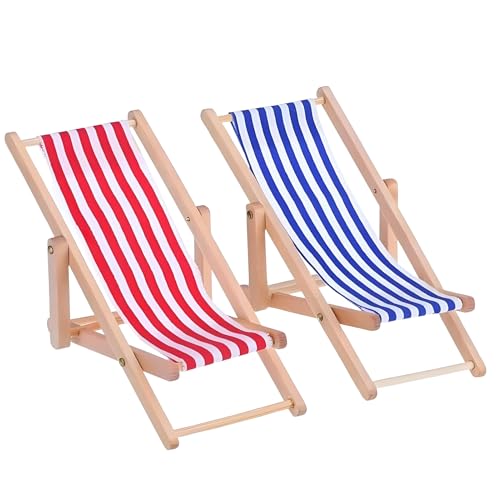 Miniatuur Strandstoel Set van 2 Miniatuur Strandstoel Decoratie Houten Mini Lounger Decoratie Klein Opvouwbaar Strand Micro Landschap Blauw Wit Stof Zitplaats 11 x 5 cm