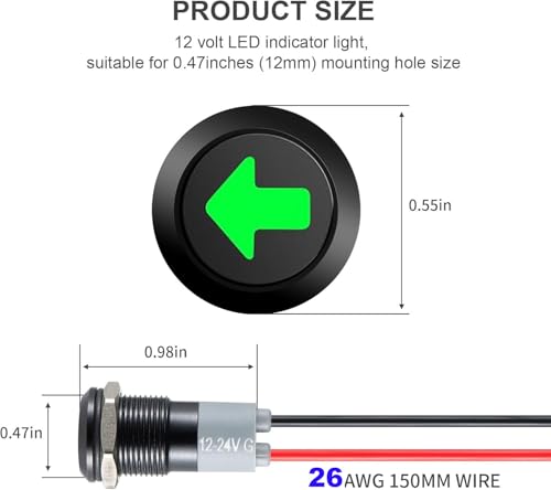 1st 12V/24V Ronde metalen waterdichte signaallamp, LED-indicatorlamp, 12mm Plate Mount DC LED-indicatorlamp, waarschuwingslamp, indicatorlamp met 26 AWG 150mm-kabel