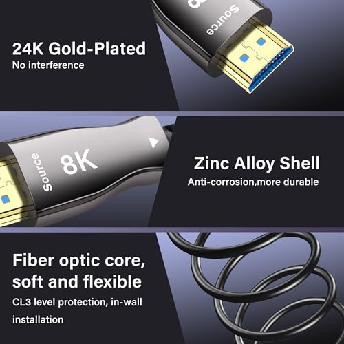 Ultra 8K Fiber HDMI Kabel High Speed HDMI 2.1 Kabel 48Gbps 8K@60Hz 4K@120 Hz Ondersteuning DDC CEC HPD eARC Compatibel met HDTV Xbox Blu-ray Monitor Laptop Projector (10FT) 4