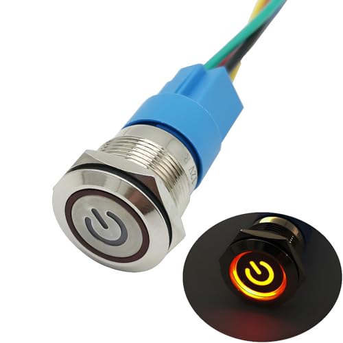 Rode LED Zelfvergrendelende drukknopschakelaar met Power Symbool, IP67 LED-knop, LED-duwknop voor auto met 23cm kabelset voor 19mm 3/4 Inch bevestigingsgat 12V Power