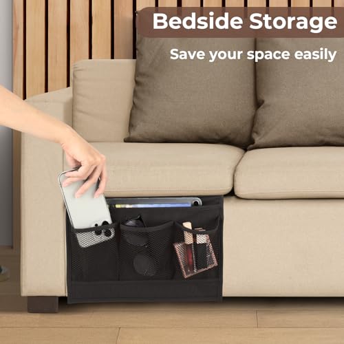 Bedside Storage Bag 4 Zakken, Bed Caddy, Oxford Kleding, Bedside Organizer, Bank, Bedside Table, Opknoping houder, Bed Plank, Pouch voor glazen, Boeken, Tablets, TV afstandsbediening (4 Zakken 4