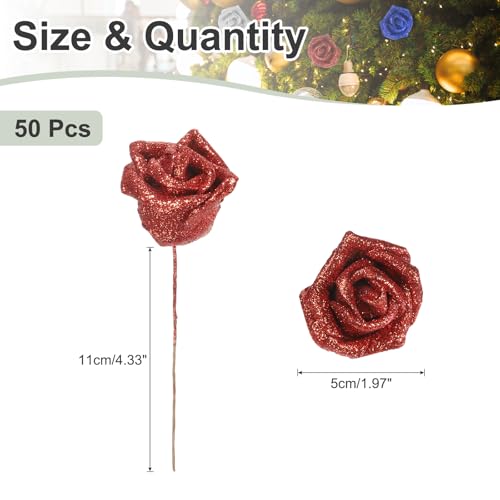 Glitter rozen 50 st Schuim Kunstbloemen Rozen Echte nep bloemen Bulk met stam voor DIY bruiloft boeketten Tafel Centerpieken Krans Home Party Decoration rood