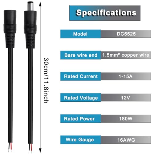 DC voedingskabel gevlochten 5.5 x 2.5 16 AWG plug naar vat DC5525 30cm voedingskabel 1.5mm2 koperen draad open einde voor gitaar pedaal