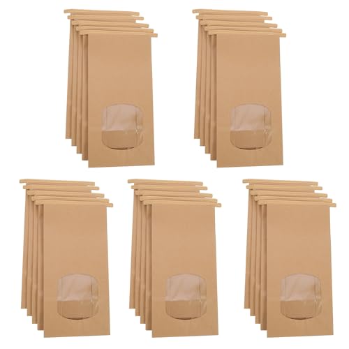 Verpakking van 25 Bruin Kraft papieren zakjes, 17 x 9 x 6 cm, Oliedichte voedsel- en snoepzakjes met transparant venster voor feestgeschenken, ambachten en snacks