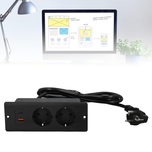 Inbouw Power Outlet, Ingesloten Socket Socket Inbouw Socket 2 Power Outlets met PD20W USB C USB A Port Inbouw Meubel Power Strip 1.5M Cord EU Plug 230 4