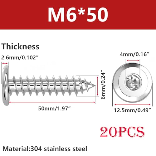 20 st. 304 Roestvrij staal Zelftappende Schroeven, M6 x 50mm Platkopschroeven, Houtschroeven, Hex Socket Schroeven voor de bouw en reparatie