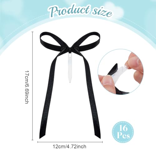 16 st. Zwarte Bow Ribbon Cake Toppers, Decoratieve Bow Cupcake Toppers met Acryl Sticks voor Cake Supplies Verjaardag bruiloft Graduation Party Decoraties, 17×12cm