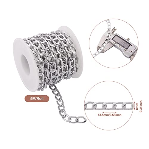 1 Roll Silver Aluminium Curb kettingen 13,5 x 8 x 2mm Oval Flat Curb Ongelaste Links Ketting met Spool voor armbanden Kettingen sieraden maken