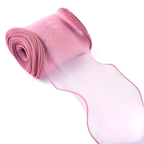 12m Organza Chiffon Ribbon 12cm brede Polyester Wavy Edge Ribbons Sheer Chiffon Ribbon voor Bow, Kralen, Boeket, Kleding Decoratie, DIY ambachten, Roze Bruin