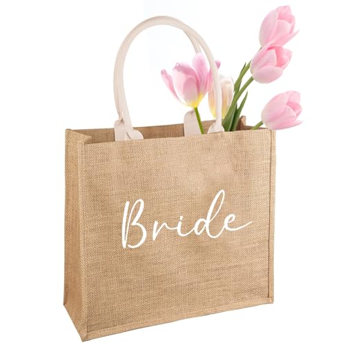 Bruidstas, minimalistische en betrouwbare Jute Tote Bag, Hen Party Bag, Bruidstas, bruidscadeau zak, bruids douche Cadeautas, Geschikt voor levensmiddelenwinkel, Picknick, Strand vakantie, Bruin, Bruin, L