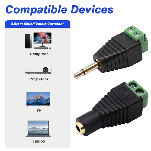 3,5 mm schroefklem verguld, 1/8" TS mono stekker tot 2-pins schroefklem met 1/8" TS mono stopcontact op 2-pins schroefklem, Balun soldeervrije converter met schroevendraaier 5