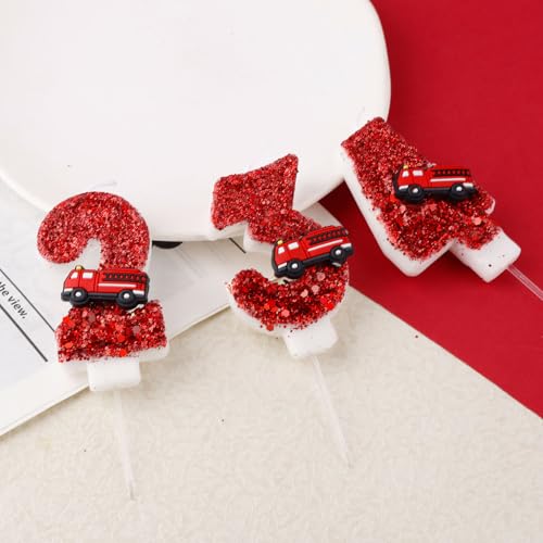 Verjaardagskaars figuur, rode pailletten Brandweerwagen Gefeliciteerd. Candle Cake Topper Cijfers voor jongens meisjes brandweerman mijl verjaardagen anniversaries brandweer thema feest (3) 4
