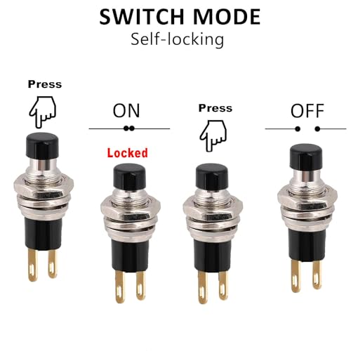 6 st 7mm Mini Zelfklevende drukschakelaar, AAN/UIT 2 Pin ronde duwknop voor autoboot Arduino DIY AC 250V/1,5A 125V/3A Miniknop (zwart)
