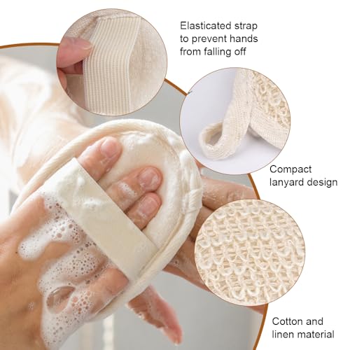 4 Stuks Natuurlijke Luffa-spons 8 x 8 Cm Loofah Lichaamsborstel, Herbruisbaar Peelingspons met Elastische Band, Ronde Loofah Spons Pad Natuurlijke Lufah Spons voor Mannen Vrouwen Douche Beige 3