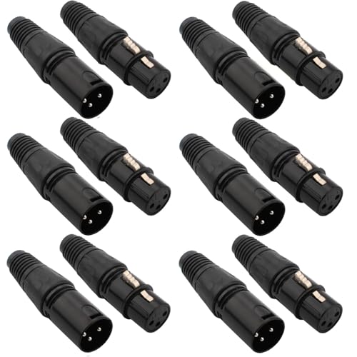 Pak van 12 Solder Connectors XLR 3 Pin Male/Female Plug Microphone Kabel, Audio Jack Microphone, XLR Stereo Plug (Zwart)