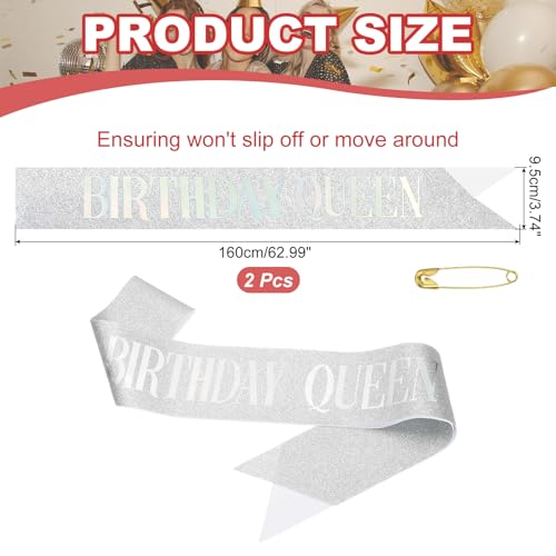 Verjaardag Meisjes Sash, 2 stuks Glitter Verjaardag Sash voor vrouwen Satin Queen Sash party decoraties met veiligheidsspeld voor feestgeschenken gunsten, Silver Fantasy