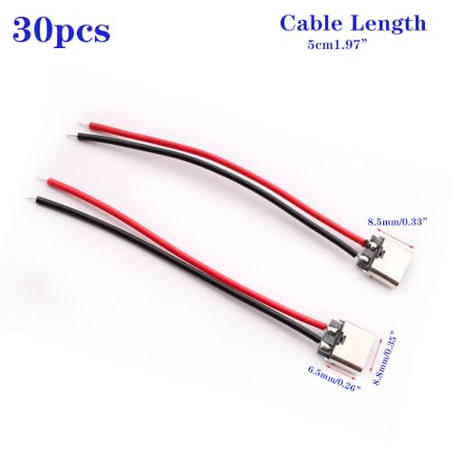 30 PCS USB-C Socket Solderen met kabel, 2-Wire USB-C Flush voor PCB ontwerp, DIY